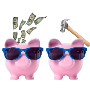 two pink piggy banks with blue sunglasses money going in and a hammer over the other